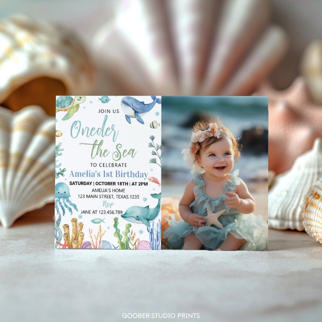 Invitación Oneder The Sea Cute Ocean Animals Foto De Cumpleañ (Subido por el creador)