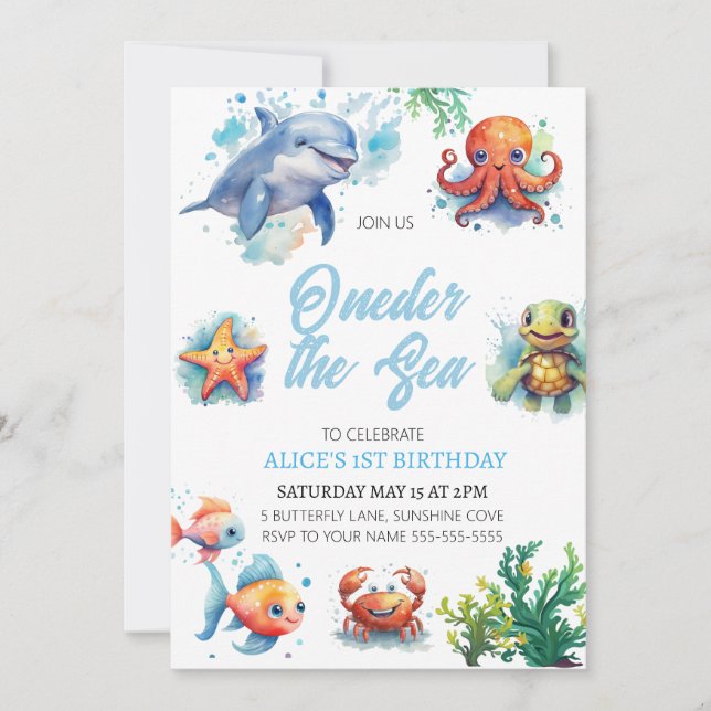 Invitación Oneder The Sea First Birthday Under the Sea (Anverso)