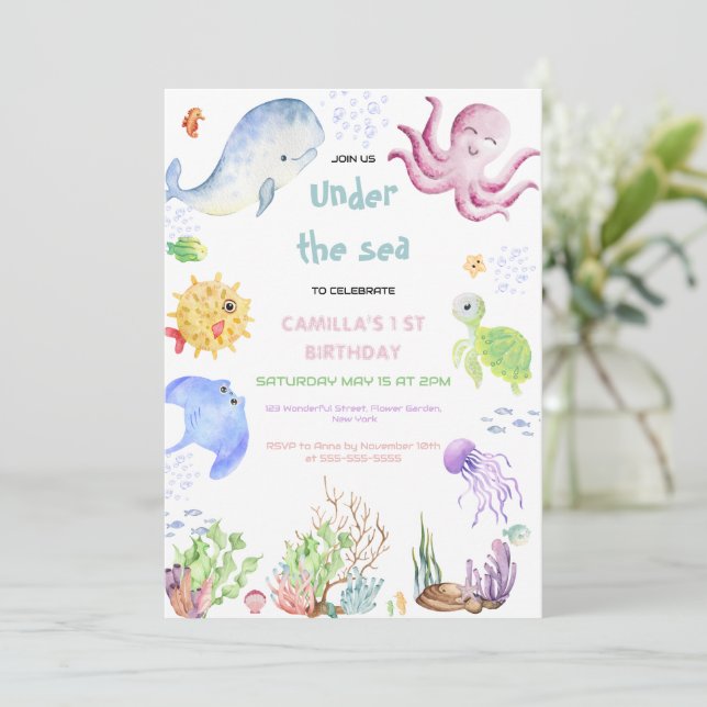 Invitación Oneder The Sea First Birthday Under the Sea (Anverso de pie)