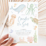 Invitación Oneder The Sea First Birthday Under the Sea<br><div class="desc">Oneder The Sea - Un lindo animal marino con tema de primer cumpleaños con acuarela de animales marinos - ballena,  tortuga,  medusas,  pulpo,  pescado,  cangrejos. La invitación perfecta para tu fiesta de primer cumpleaños. Los colores de fuente son editables.</div>
