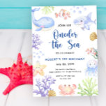 Invitación Oneder The Sea First Birthday Under the Sea<br><div class="desc">BAJO EL MAR. Oneder The Sea - Una tierna invitación a los animales acuáticos bajo el agua con temática de su primer cumpleaños con acuarelas de mar - ballena,  medusas,  payasos,  pez estrella,  cangrejo,  tiburón y corales. Burbujas de agua y conchas.</div>