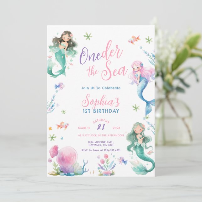 Invitación ONEder the Sea Little Mermaid First Birthday (Anverso de pie)