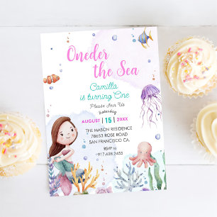 Invitación Oneder The Sea Mermaid Chica Primer Fiesta de cump