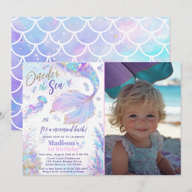 Invitación Oneder the Sea Mermaid Photo Birthday Invitation (Anverso / Reverso)