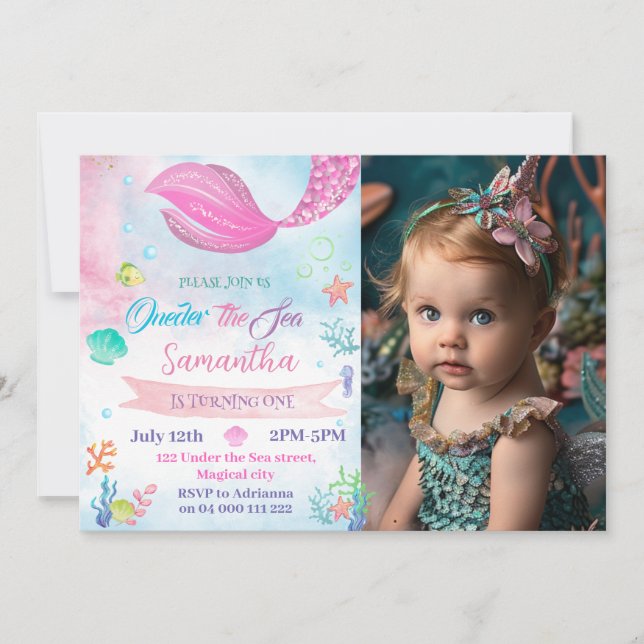 Invitación Oneder The Sea Mermaid Photo First Birthday (Anverso)