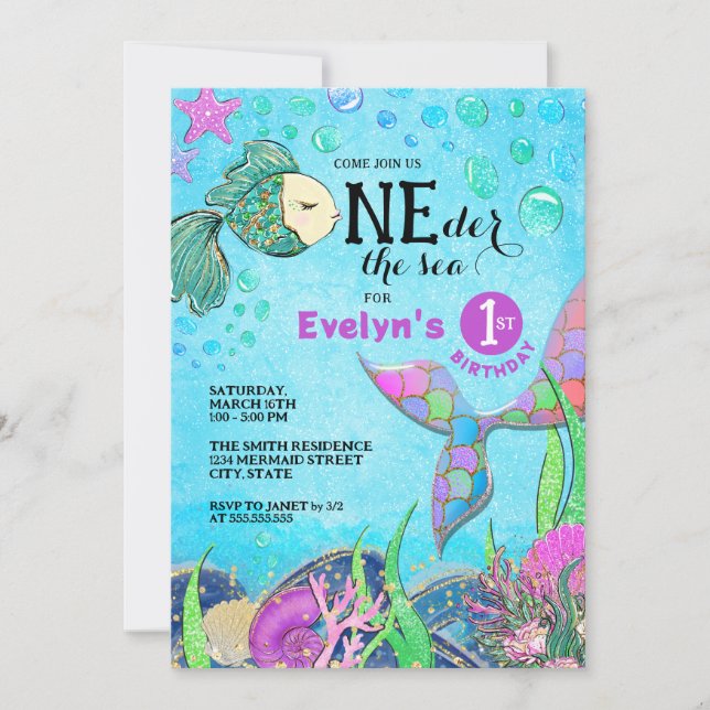 Invitación ONEder the Sea Mermaid primer cumpleaños (Anverso)