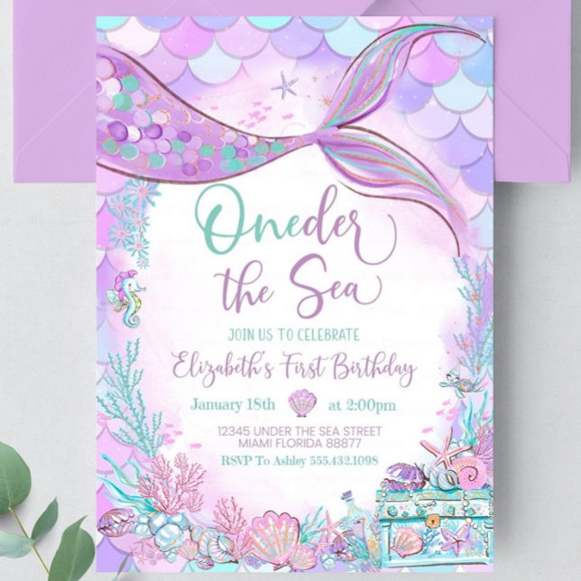 Invitación Oneder the Sea Mermaid Purple Primer cumpleaños Ve (Subido por el creador)