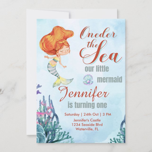 Invitación Oneder the Sea Naranja Mermaid Primera chica de cu (Anverso)