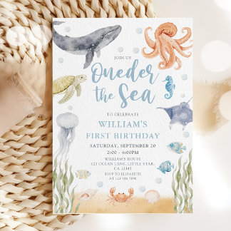 Invitación Oneder The Sea Ocean Animals 1st Birthday