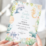 Invitación Oneder The Sea Ocean First Birthday Boy<br><div class="desc">¡Sumérjase en una celebración mágica con nuestra encantadora invitación de cumpleaños "Under the Sea"! Esta bonita invitación cuenta con una fantástica escena submarina, perfecta para su pequeño día especial. Decorada con deliciosos ilustraciones acuáticos de un delfín juguetón, un elegante caballito de mar, un pulpo lindo, una ballena sonriente y coloridas...</div>