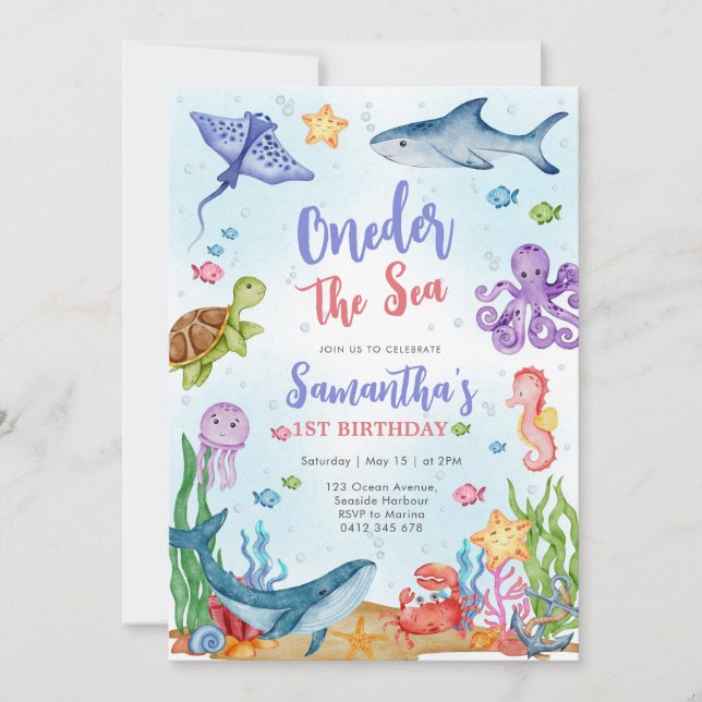 Invitación Oneder the Sea Party 1st Birthday Invitation (Anverso)
