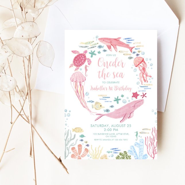 Invitación Oneder The Sea Pink Ocean Animals 1er cumpleaños (Subido por el creador)