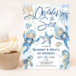 Invitación ONEder The Sea Twin Boy 1st Birthday Cute Ocean 