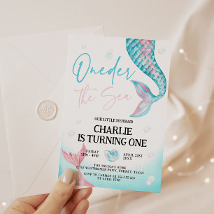 Invitación Oneder the Sea Watercolor Mermaid 1er cumpleaños