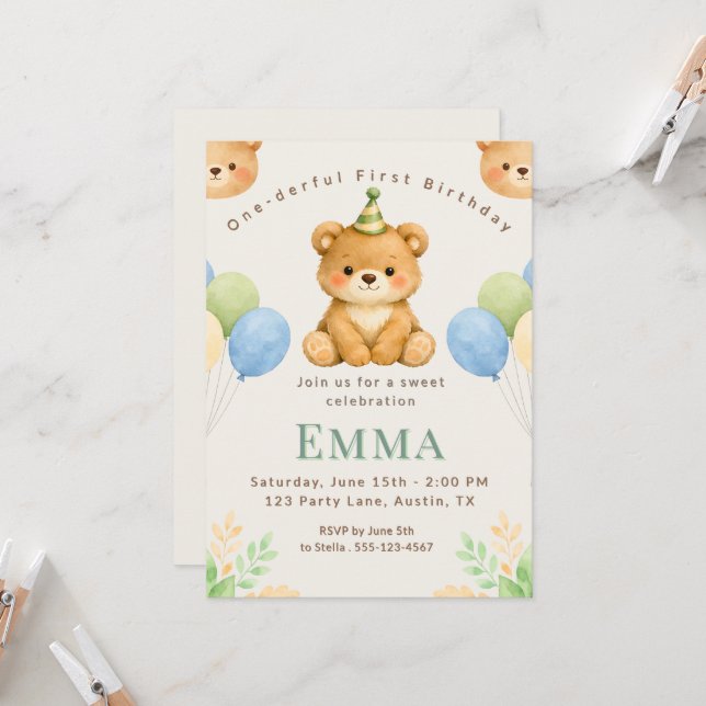 Invitación Onederful Bear First Birthday Party Invitation (Anverso/Reverso In Situ)