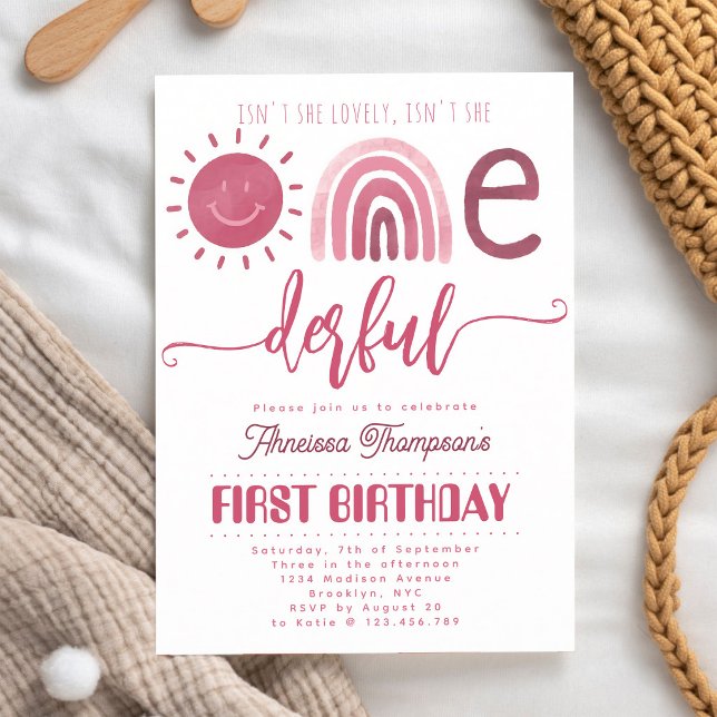 Invitación Onederful Cumpleaños Rosa Arcoíris Sol Primero (Subido por el creador)