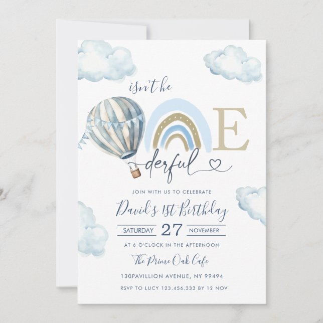 Invitación Onederful Hot Air Balloon Boy 1st Birthday (Anverso)