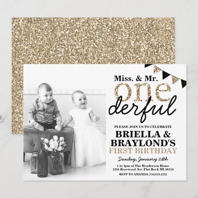 Invitación Onederful para el Primer Cumpleaños de  (Anverso / Reverso)