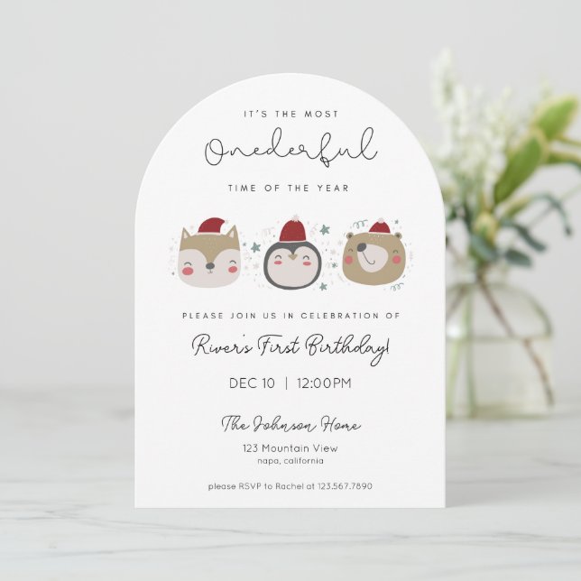 Invitación Onederful Winter Animals First Birthday Invitation (Anverso de pie)