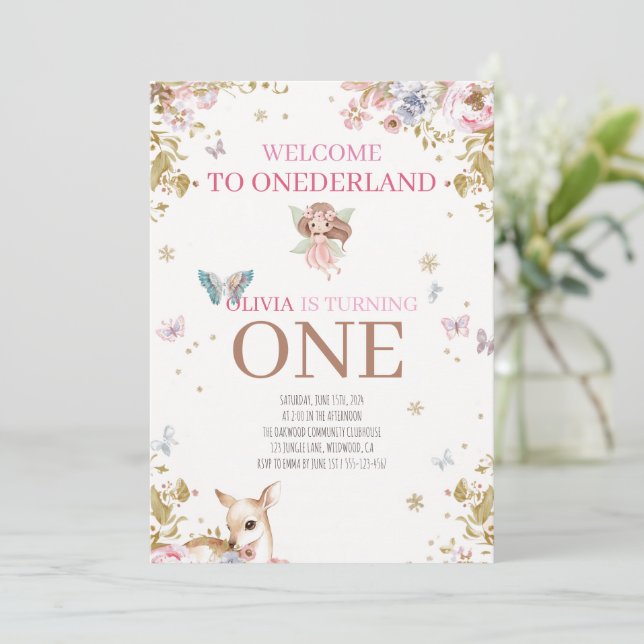 Invitación Onederland Cuento de Hadas Cumpleaños Uno Lujo Niñ (Anverso de pie)