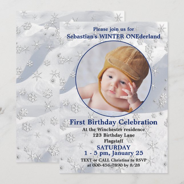 Invitación ONEderland de invierno azul Primer Cumpleaños Copo (Anverso / Reverso)