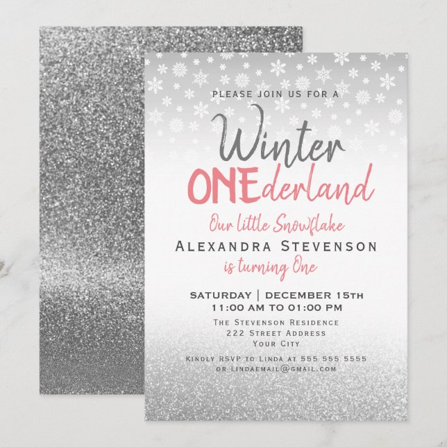 Invitación ONEderland de invierno cumpleaños 1 copos de nieve (Anverso / Reverso)