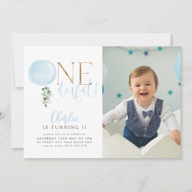 Invitación OneMaravilloso Blue Balloon Boys 1er cumpleaños Fo (Anverso)