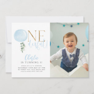 Invitación OneMaravilloso Blue Balloon Boys 1er cumpleaños Fo