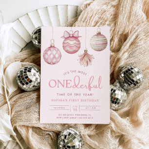 Invitación ONEmaravillosos Navidades de ornamentos rosados Pr