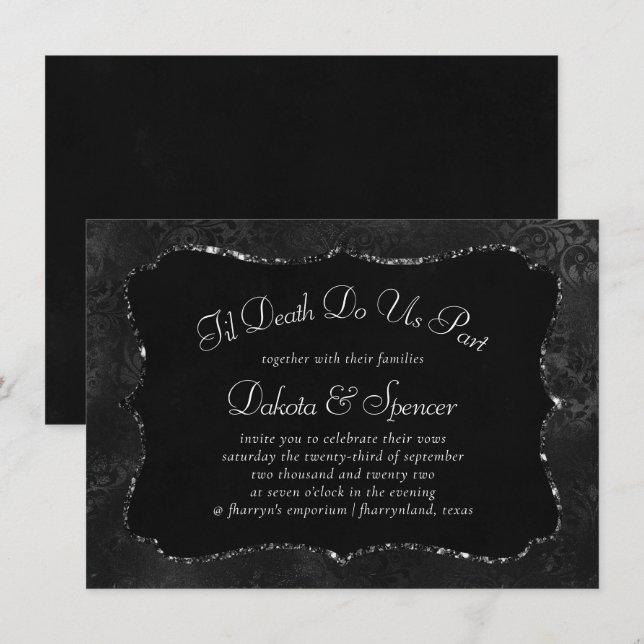 Invitación Onyx Romance | Damasco negro satinado (Anverso / Reverso)