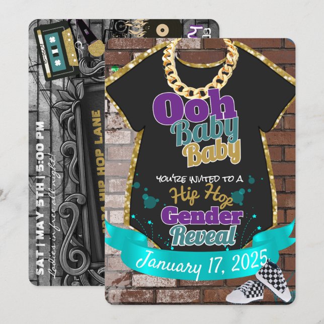 Invitación Ooh Baby Baby|Morado y Verde azulado Hip Hop Revel (Anverso / Reverso)