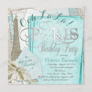 Invitación Ooh La La Azul Teal París Vintage Fiesta de Cumple