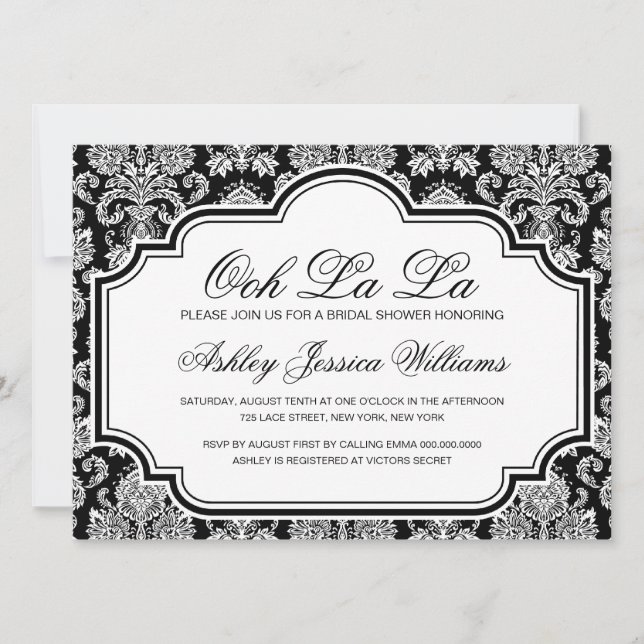 Invitación Ooh La La Black And White Damask Bridal Shower Inv (Anverso)