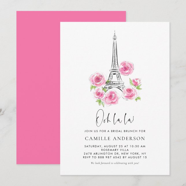 Invitación Ooh la la Eiffel Tower Pink Floral Bridal Brunch (Anverso / Reverso)