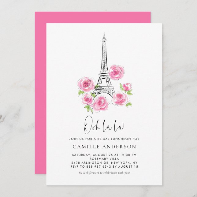 Invitación Ooh la la Eiffel Tower Pink Floral Bridal Luncheon (Anverso / Reverso)