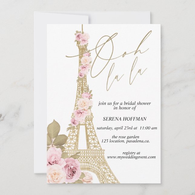 Invitación Ooh La La, tema de París, ducha de novias, Torre E (Anverso)