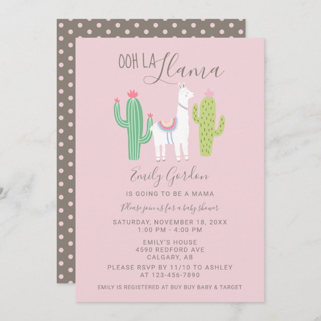 Invitación Ooh La Llama Baby Shower lindo rosa y marrón simpl (Anverso / Reverso)