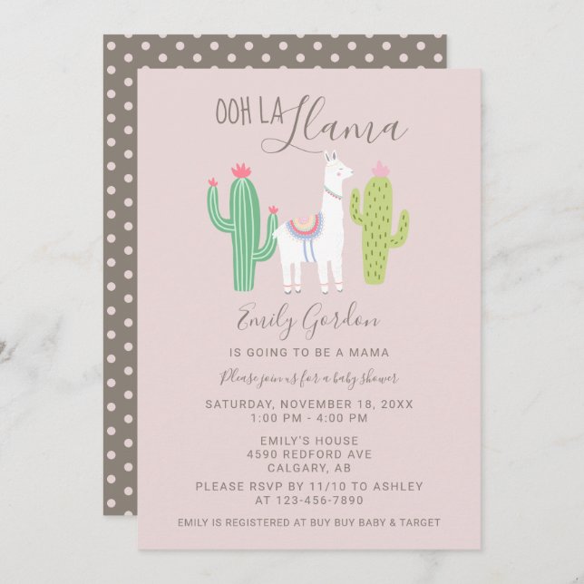 Invitación Ooh La Llama Baby Shower lindo rosa y marrón simpl (Anverso / Reverso)