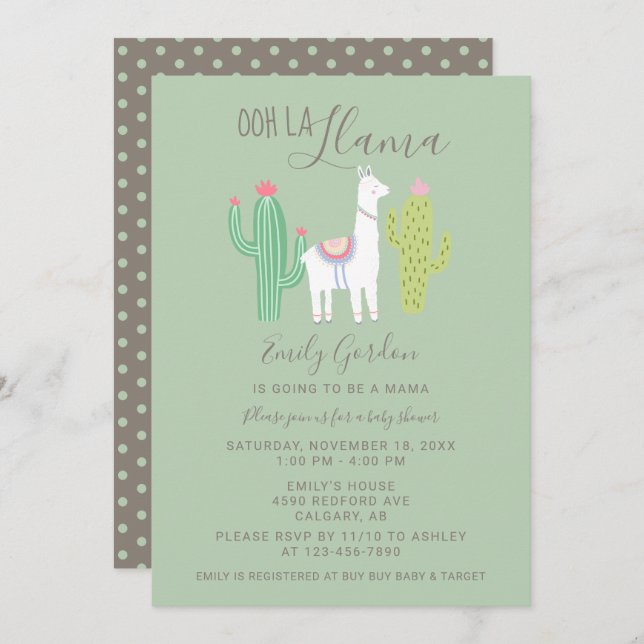 Invitación Ooh La Llama Baby Shower lindo verde azulado y mar (Anverso / Reverso)