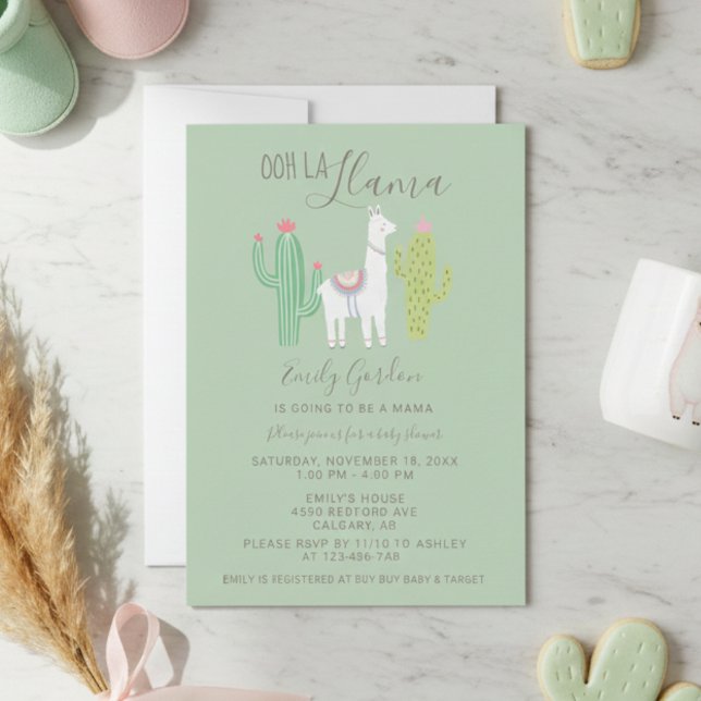 Invitación Ooh La Llama Baby Shower lindo verde azulado y mar (Subido por el creador)