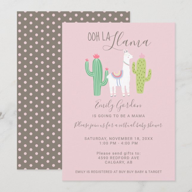 Invitación Ooh La Llama Baby Shower virtual lindo marrón rosa (Anverso / Reverso)