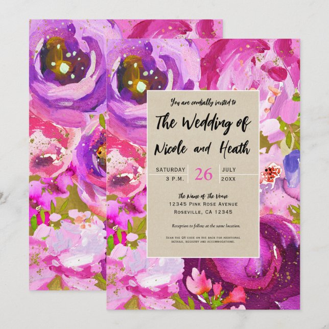 Invitación Oops De Boda Floral Moderno De Oro Púrpura Rosa (Anverso / Reverso)