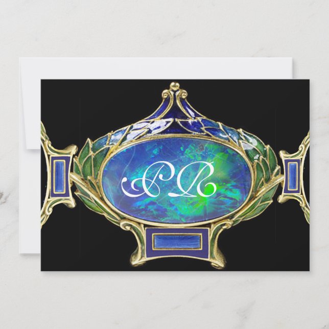 INVITACIÓN OPAL AZUL VERDE, ARTE NOUVEAU ORO JEWEL MONOGRAM (Anverso)