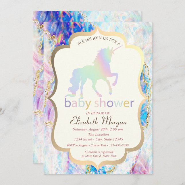 Invitación Opal Holographic Unicorn Baby Shower (Anverso / Reverso)