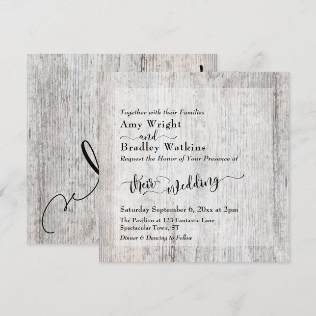 Invitación Opción Cuadrada de Madera Grís Rústica para Boda (Anverso / Reverso)