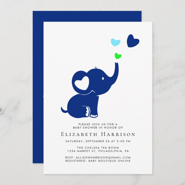 Invitación Opción virtual Baby Shower de Elephant Azul mínimo (Anverso / Reverso)
