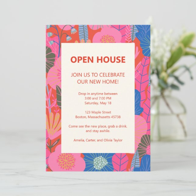 Invitación Open House Tropical Floral Pink Red Housewarming (Anverso de pie)