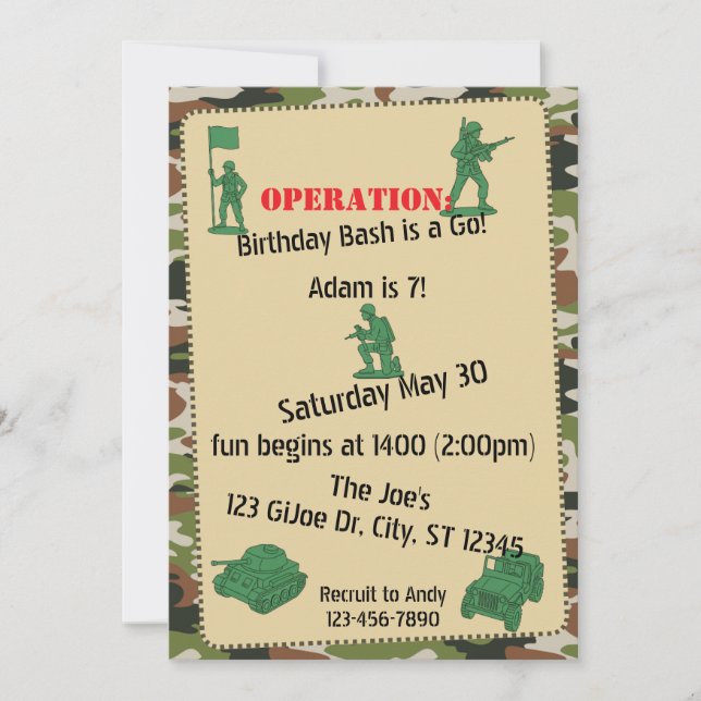 Invitación Operación Cumpleaños Bash Toy Soldado (Anverso)
