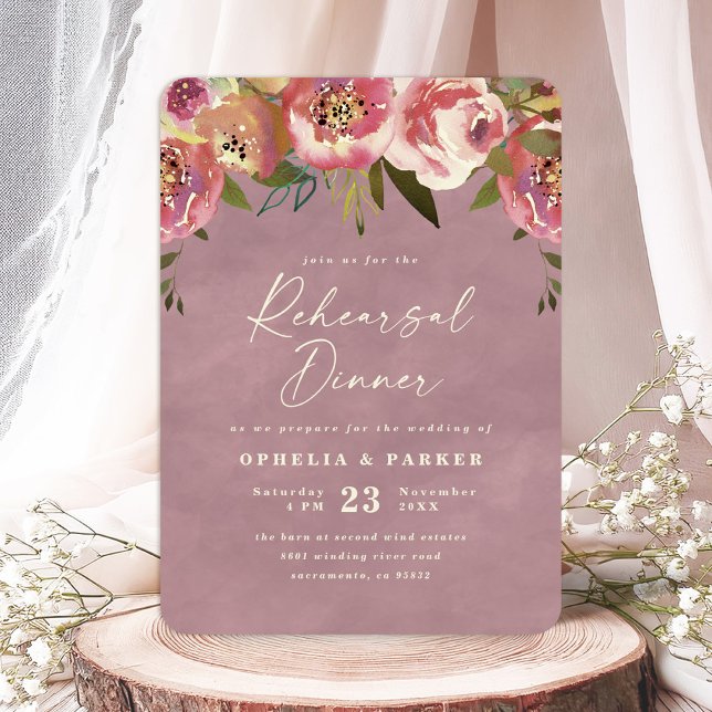 Invitación Ophelia Dusty Boda Floral Rosa Ensayo Cena (Say "I DO" to Romantic Watercolor Florals and a Cottagecore Vibe with the Ophelia Wedding Suite.)