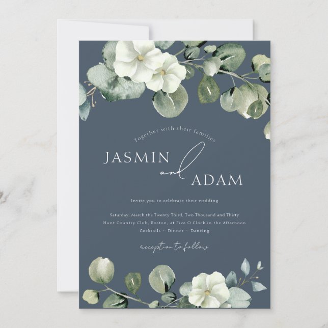 Invitación Opulencia azul real Eucalyptus Boda fotográfico (Anverso)